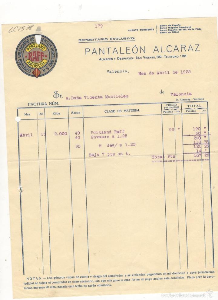 Old Invoices: FACTURA. PANTALEON ALCARAZ, DEPOSITARIO EXCLUSIVO, VALENCIA, 1925.