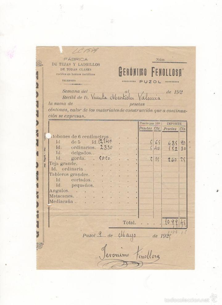 Old Invoices: FACTURA. GERONIMO FENOLLOSA, FABRICA DE TEJAS Y LADRILLOS, PUZOL, 1929.