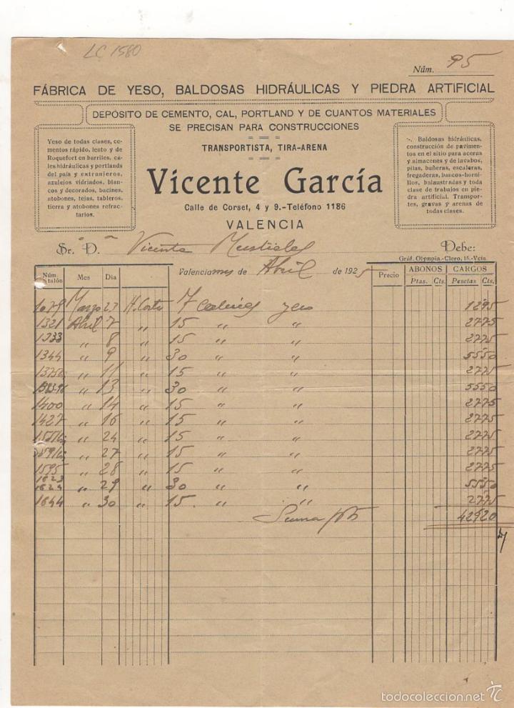 Old Invoices: FACTURA. VICENTE GARCIA, FABRICA DE YESO, BALDOSAS HIDRAULICAS, ETC., VALENCIA, 1925.