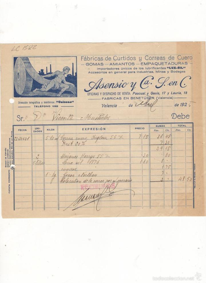 Old Invoices: FACTURA. ASENSIO Y COMPA&Ntilde;IA, S. EN C., FABRICA DE CURTIDOS Y CUERO, VALENCIA, 1925.