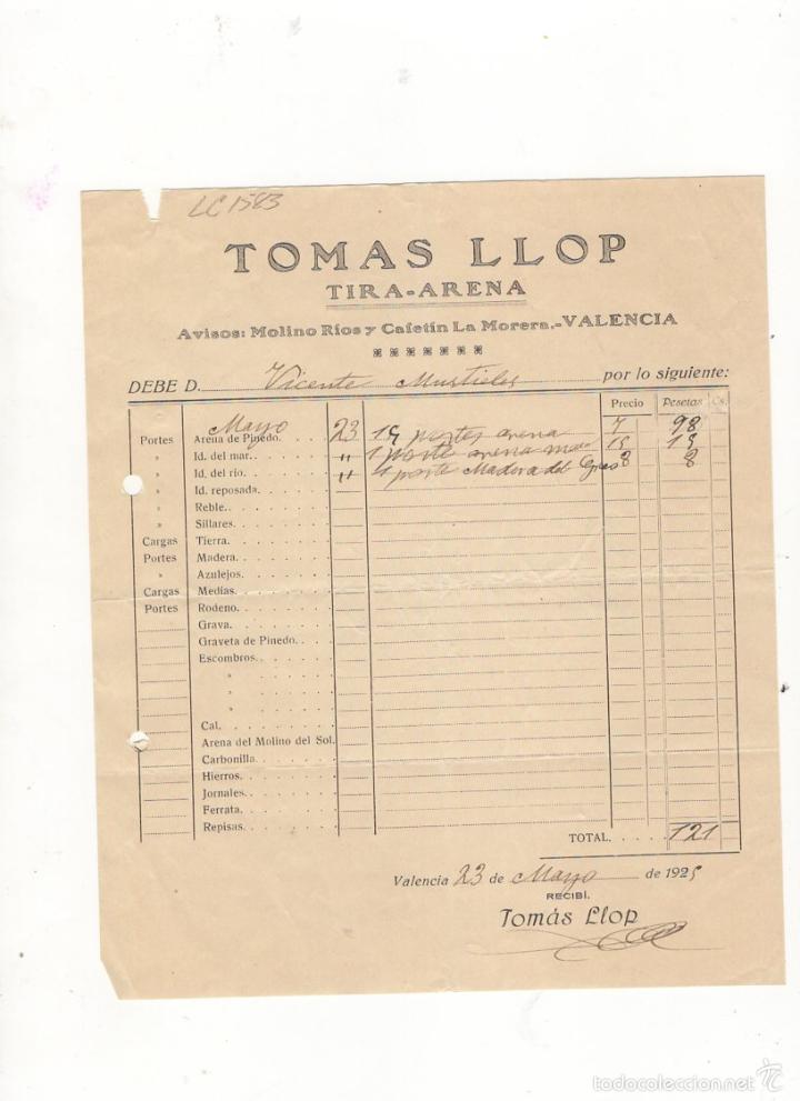 Old Invoices: FACTURA. TOMAS LLOP, TIRA - ARENA, VALENCIA, 1929.