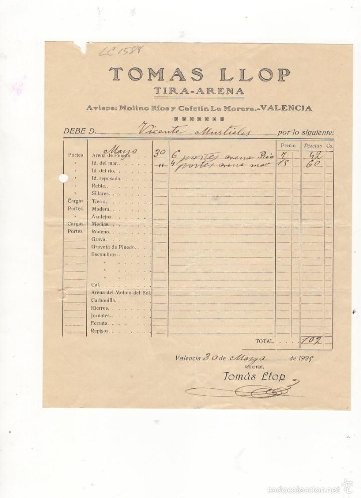 Old Invoices: FACTURA. TOMAS LLOP, TIRA - ARENA, VALENCIA, 1929.