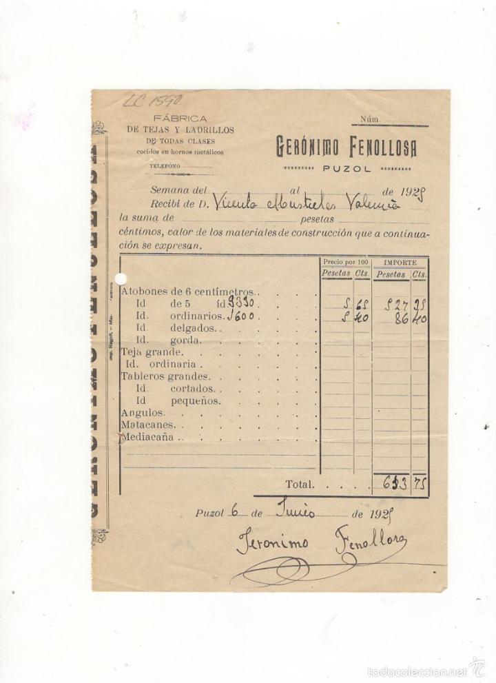 Old Invoices: FACTURA. GERONIMO FENOLLOSA, FABRICA DE TEJAS Y LADRILLOS, PUZOL, 1929.