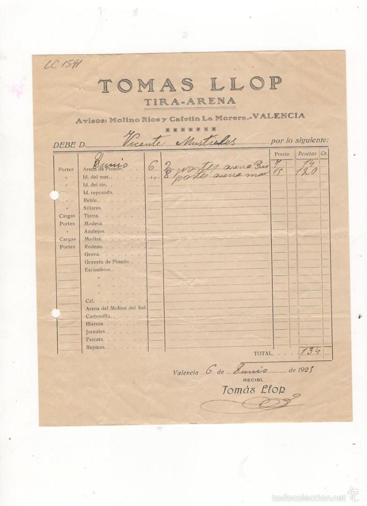 Old Invoices: FACTURA. TOMAS LLOP, TIRA - ARENA, VALENCIA, 1929.