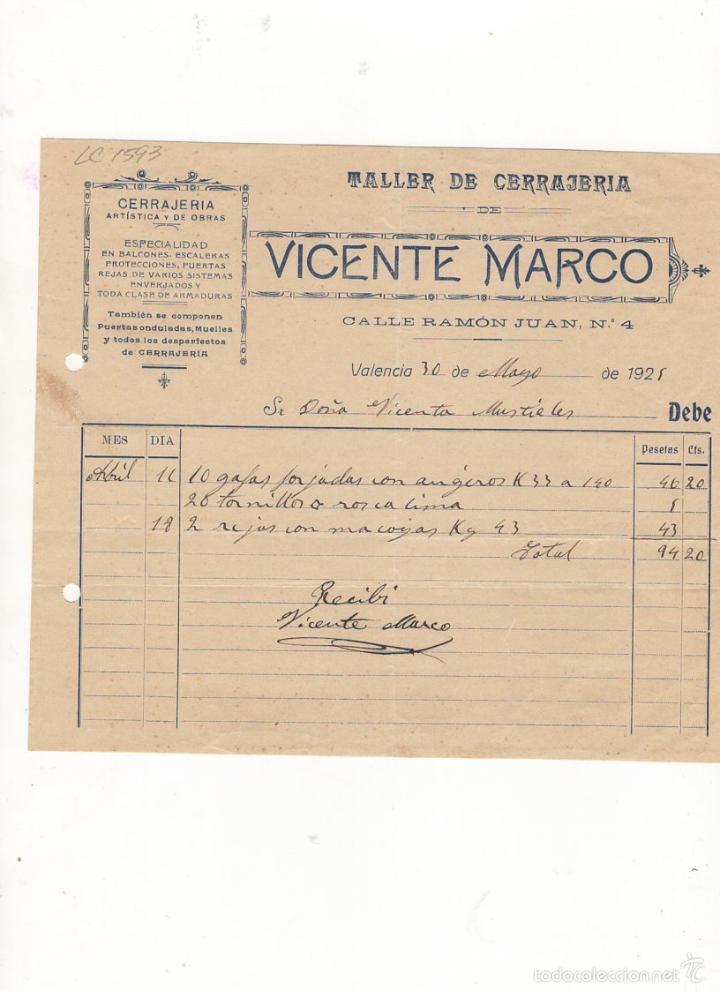 Old Invoices: FACTURA. VICENTE MARCO, TALLER DE CERRAJERIA, VALENCIA, 1925.