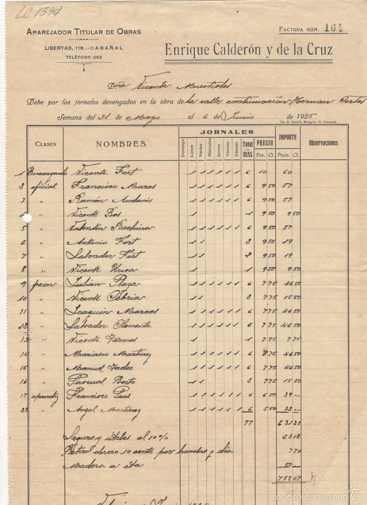 Old Invoices: FACTURA. ENRIQUE CALDERON Y DE LA CRUZ, APAREJADOR TITULAR DE OBRAS, VALENCIA, 1925.