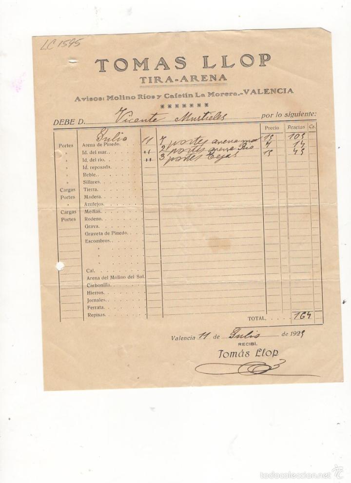 Old Invoices: FACTURA. TOMAS LLOP, TIRA - ARENA, VALENCIA, 1929.
