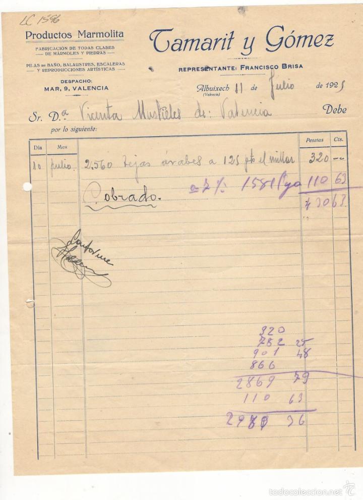 Old Invoices: FACTURA. TAMARIT Y GOMEZ, PRODUCTOS MARMOLITA, VALENCIA, 1925.