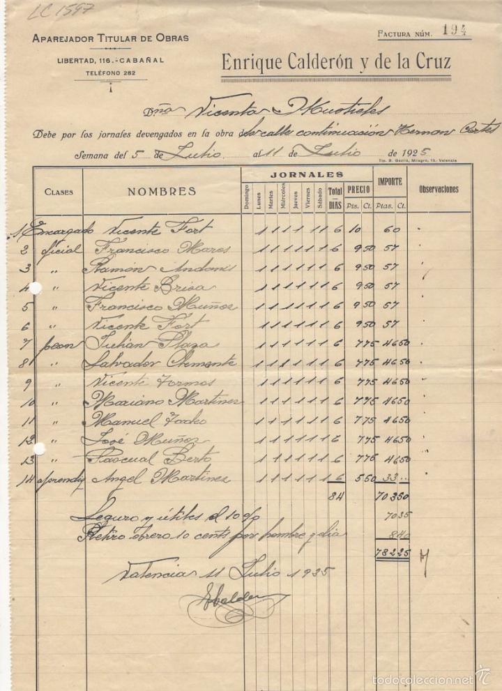 Old Invoices: FACTURA. ENRIQUE CALDERON Y DE LA CRUZ, APAREJADOR TITULAR DE OBRAS, VALENCIA, 1925.