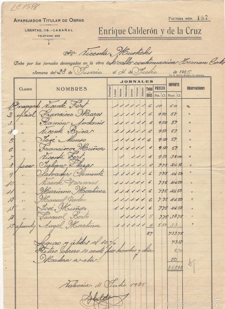 Old Invoices: FACTURA. ENRIQUE CALDERON Y DE LA CRUZ, APAREJADOR TITULAR DE OBRAS, VALENCIA, 1925.