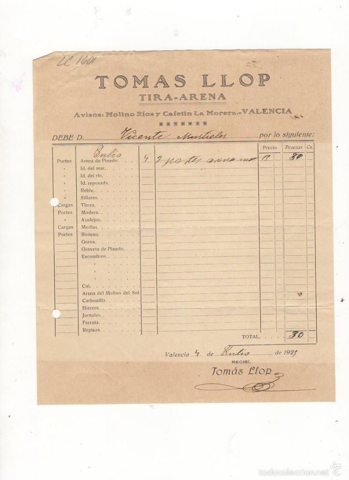 Old Invoices: FACTURA. TOMAS LLOP, TIRA - ARENA, VALENCIA, 1929.