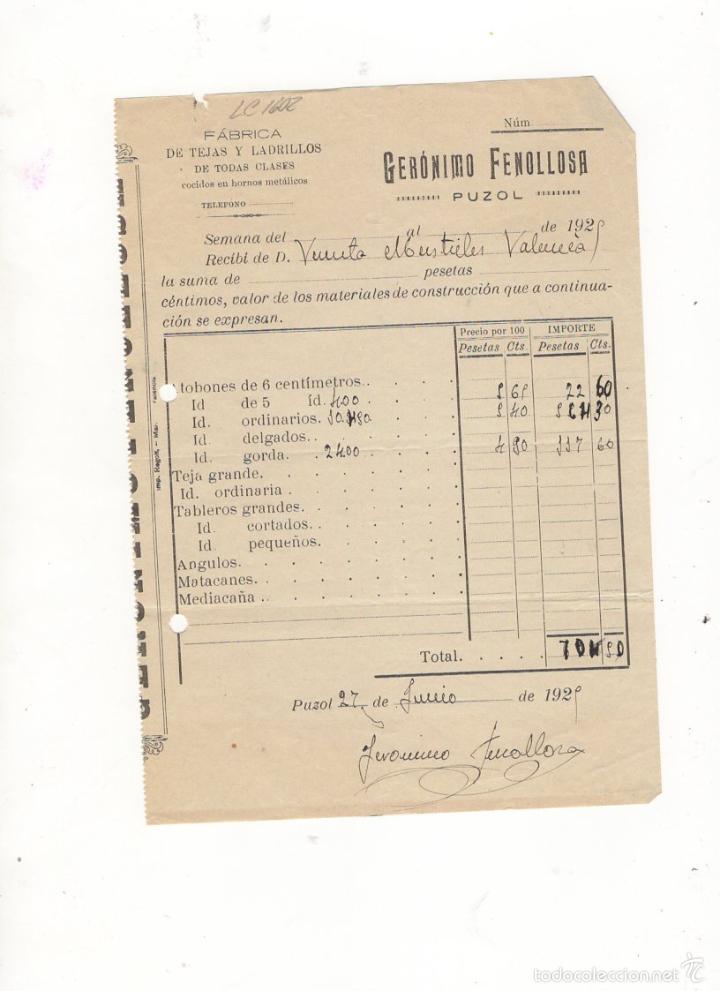 Old Invoices: FACTURA. GERONIMO FENOLLOSA, FABRICA DE TEJAS Y LADRILLOS, PUZOL, 1929.