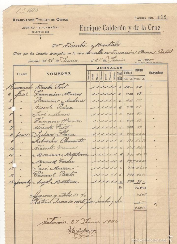 Old Invoices: FACTURA. ENRIQUE CALDERON Y DE LA CRUZ, APAREJADOR TITULAR DE OBRAS, VALENCIA, 1925.