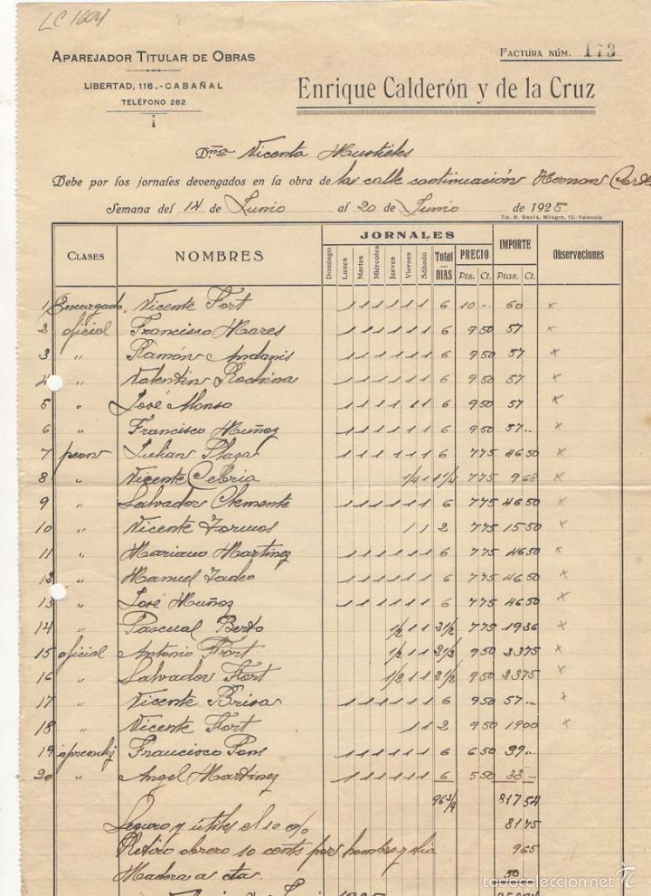 Old Invoices: FACTURA. ENRIQUE CALDERON Y DE LA CRUZ, APAREJADOR TITULAR DE OBRAS, VALENCIA, 1925.