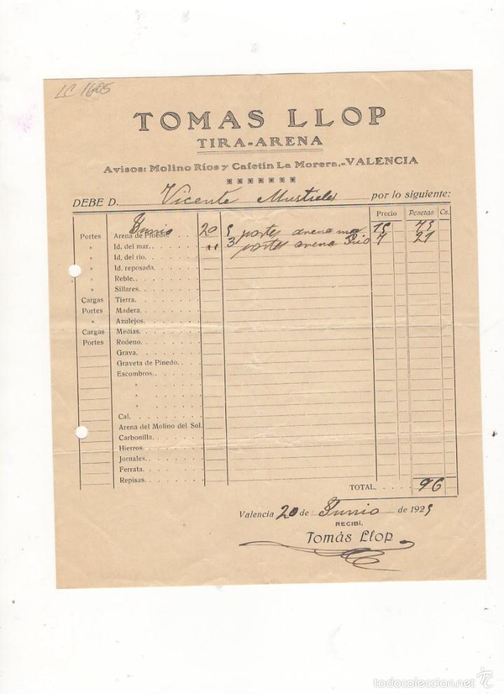 Old Invoices: FACTURA. TOMAS LLOP, TIRA - ARENA, VALENCIA, 1929.