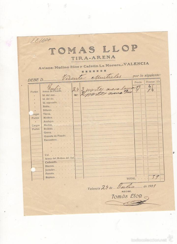 Old Invoices: FACTURA. TOMAS LLOP, TIRA - ARENA, VALENCIA, 1929.