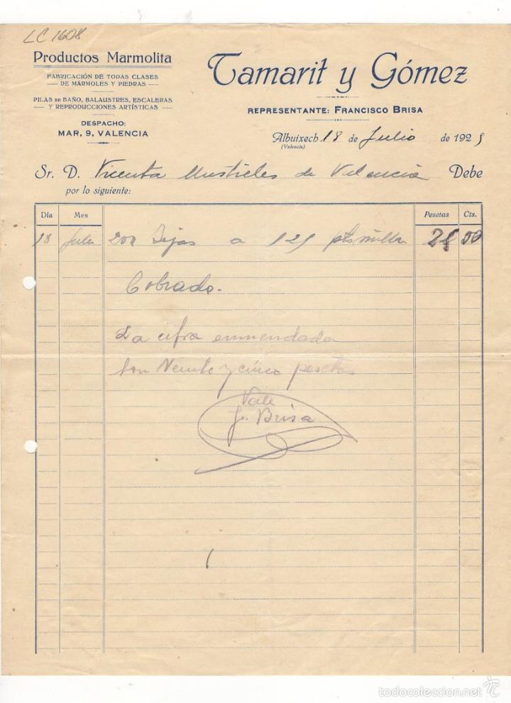 Old Invoices: FACTURA. TAMARIT Y GOMEZ, PRODUCTOS MARMOLITA, VALENCIA, 1925.