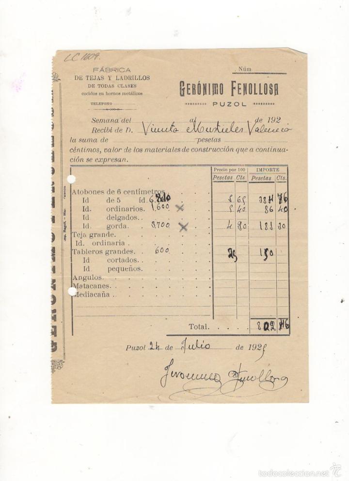 Old Invoices: FACTURA. GERONIMO FENOLLOSA, FABRICA DE TEJAS Y LADRILLOS, PUZOL, 1929.