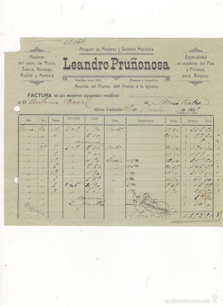 Old Invoices: FACTURA. LEANDRO PRU&Ntilde;ONOSA PASTOR, ALMACEN DE MADERAS Y SERRERIA, VALENCIA, 1921.