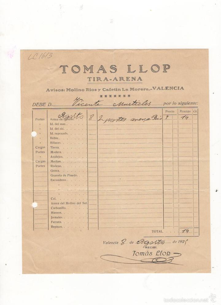 Old Invoices: FACTURA. TOMAS LLOP, TIRA - ARENA, VALENCIA, 1929.