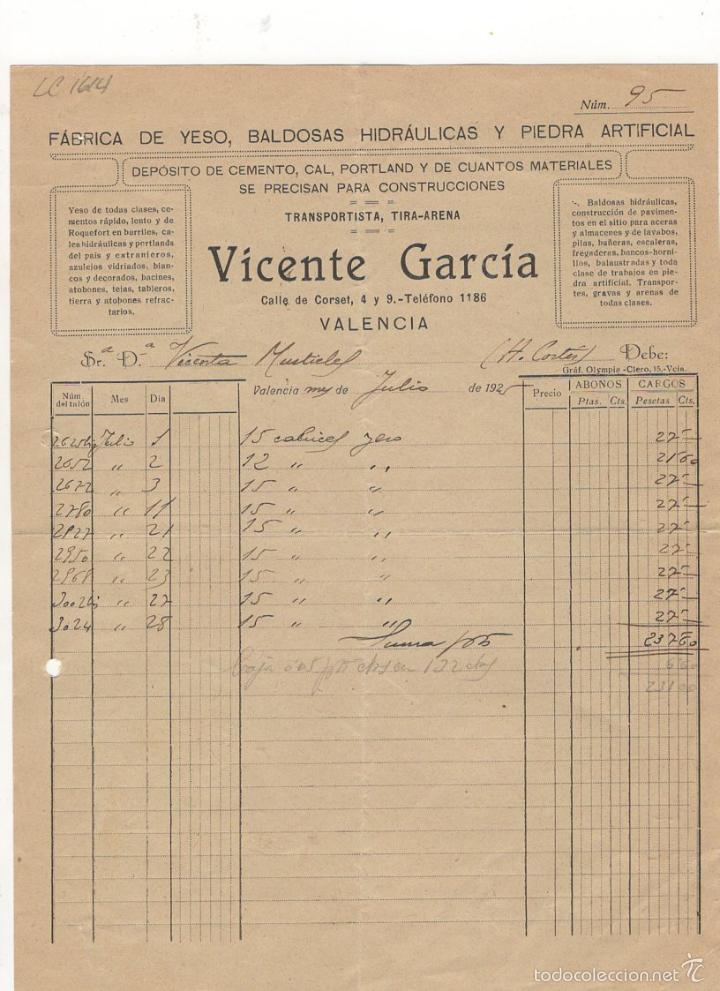 Old Invoices: FACTURA. VICENTE GARCIA, FABRICA DE YESO, BALDOSAS HIDRAULICAS, ETC., VALENCIA, 1925.