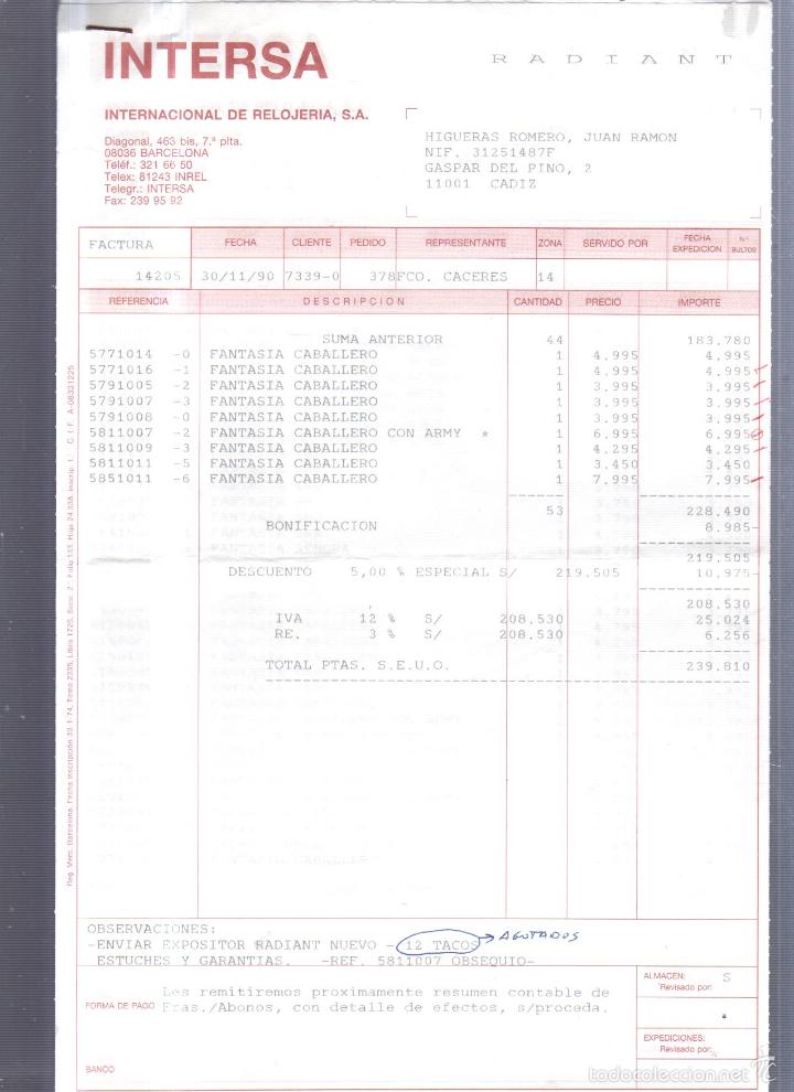 Old Invoices: FACTURA. INTERSA. INTERNACIONAL DE RELOJERIA. 2 HOJAS. BARCELONA. 1990. VER