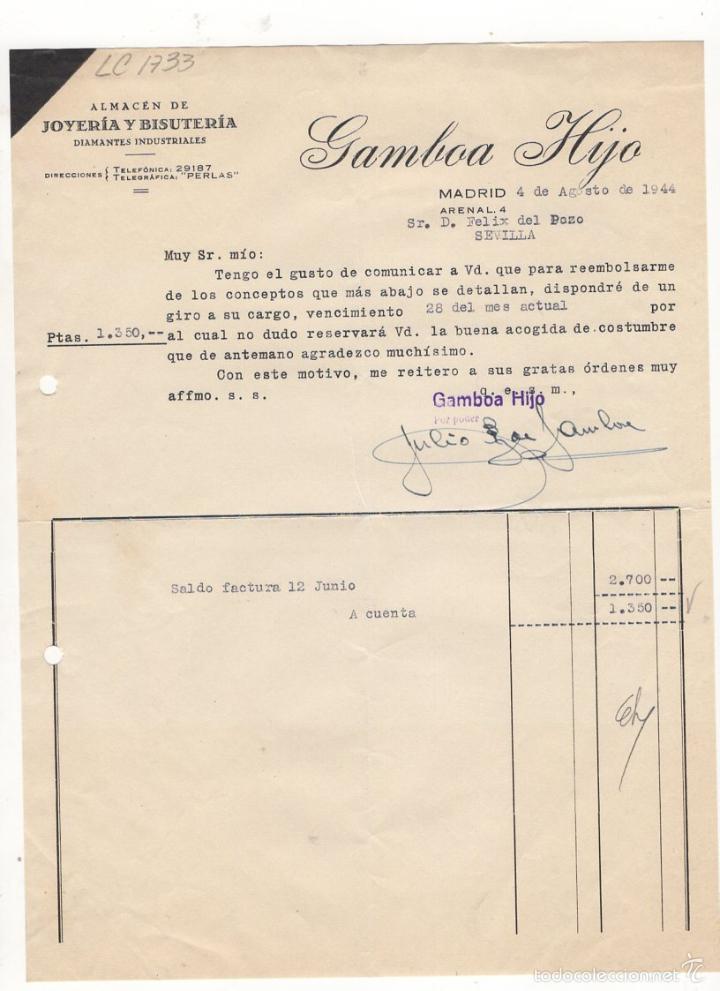 Old Invoices: FACTURA. ALMACEN DE JOYERIA Y BISUTERIA, GAMBOA HIJO, MADRID, 1944.