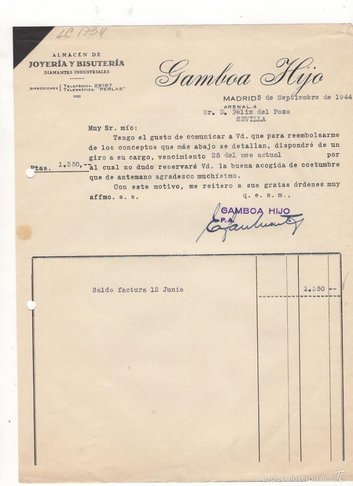 Old Invoices: FACTURA. ALMACEN DE JOYERIA Y BISUTERIA, GAMBOA HIJO, MADRID, 1944.