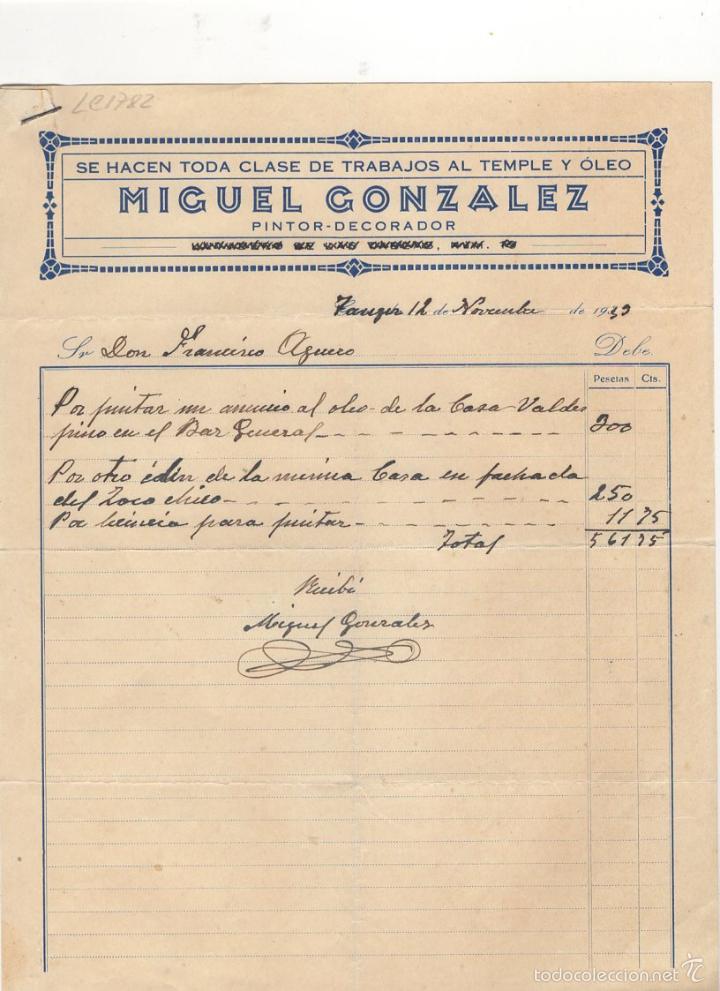 Old Invoices: FACTURA. MIGUEL GONZALEZ, PINTOR - DECORADOR, TRABAJOS AL TEMPLE Y OLEO, TANGER, 1933.
