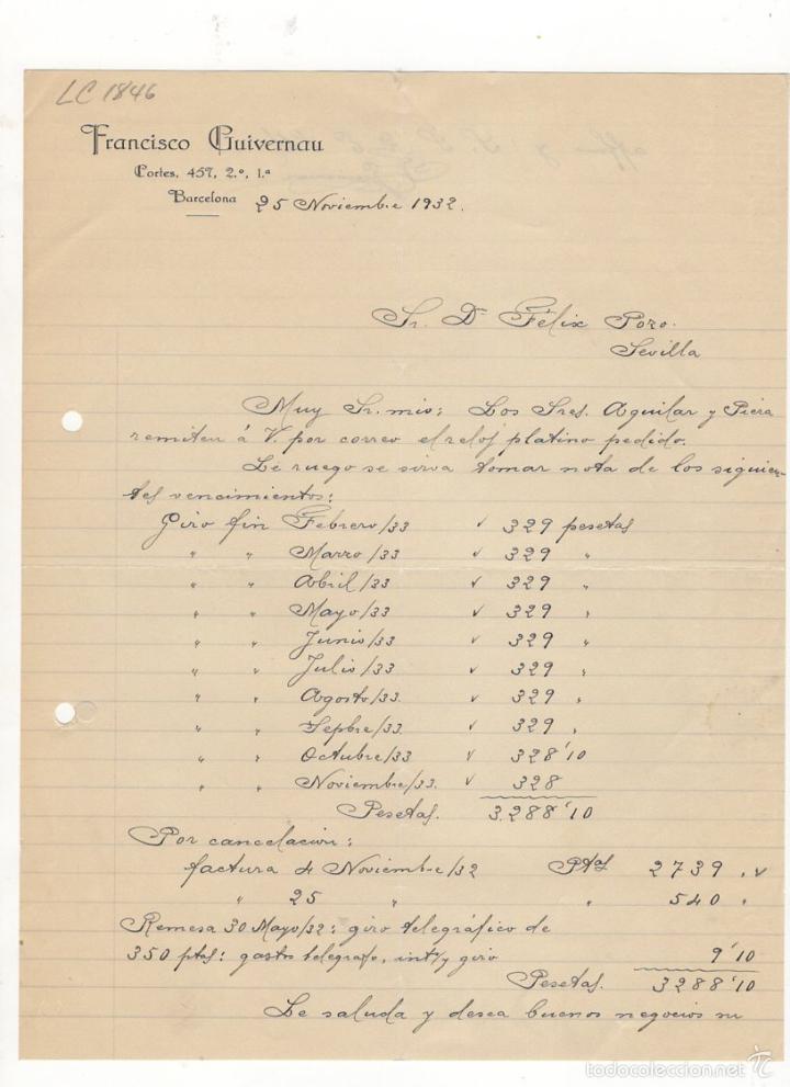 Old Invoices: FACTURA. FRANCISCO GUIVERNAU, BARCELONA, 1932.