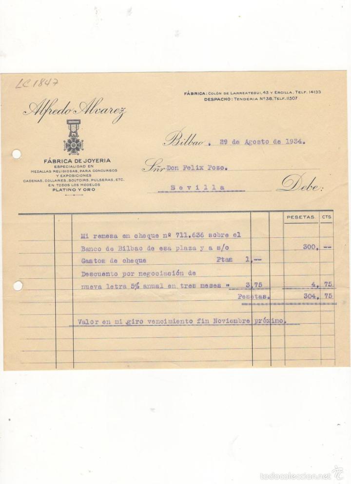 Old Invoices: FACTURA. ALFREDO ALVAREZ, FABRICA DE JOYERIA, BILBAO, 1934.