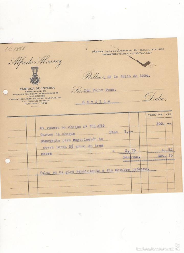 Old Invoices: FACTURA. ALFREDO ALVAREZ, FABRICA DE JOYERIA, BILBAO, 1934.