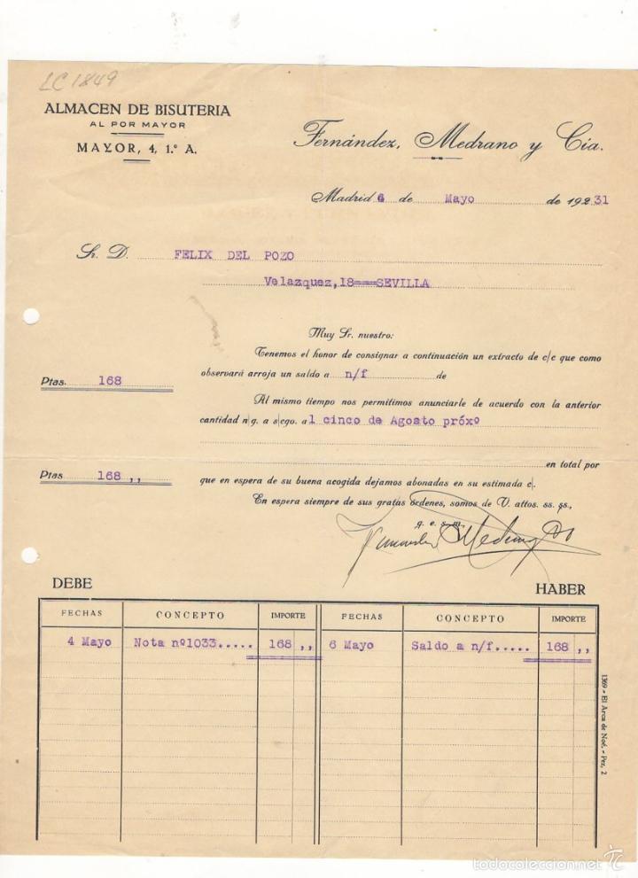 Old Invoices: FACTURA. ALMACEN DE BISUTERIA AL POR MAYOR, FERNANDEZ, MEDRANO Y COMPA&Ntilde;IA, MADRID, 1931.