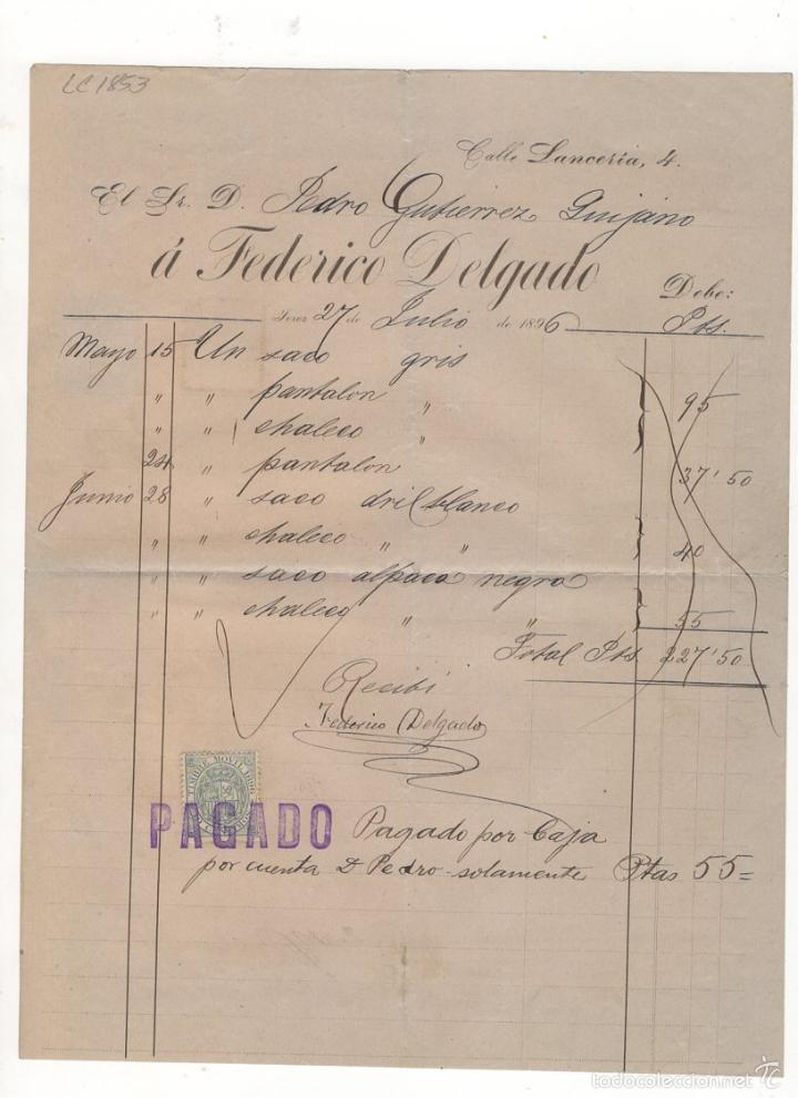 Old Invoices: FACTURA. PEDRO GUTIERREZ QUIJANO A FEDERICO DELGADO, JEREZ DE LA FRONTERA, 1896.