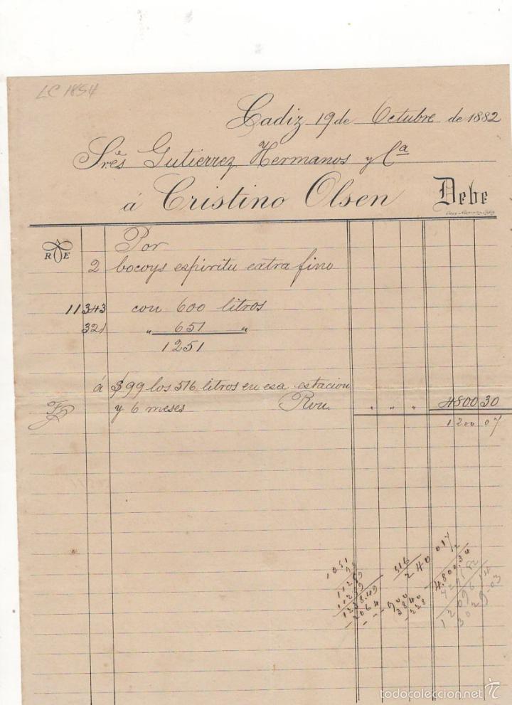 Old Invoices: FACTURA. PEDRO GUTIERREZ HERMANOS A CRISTINO OLSEN, CADIZ, 1882.