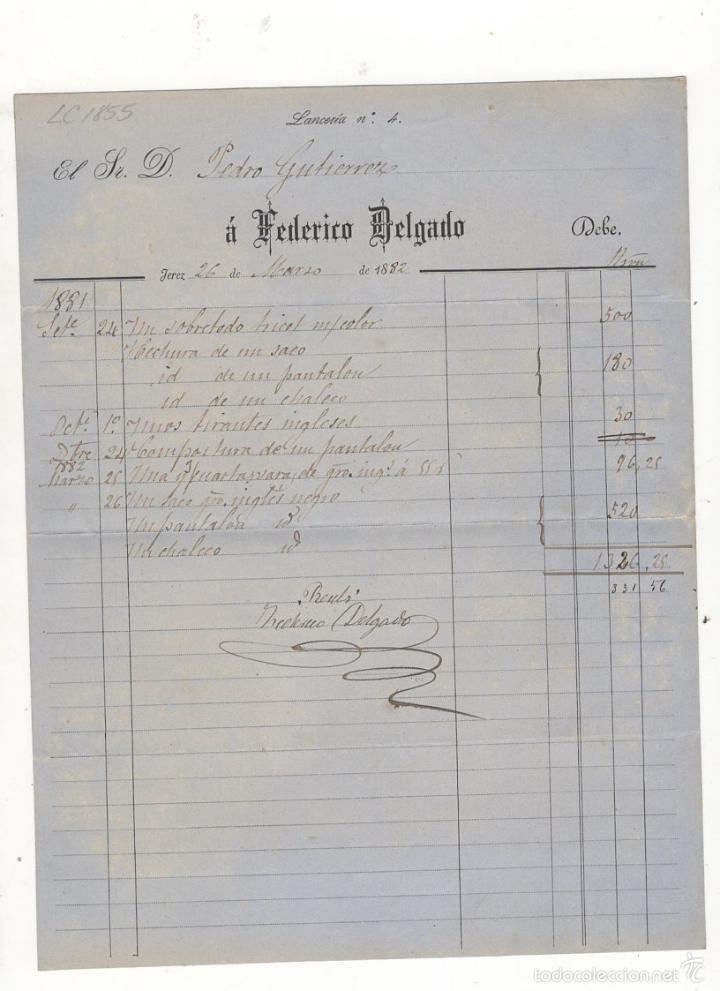 Old Invoices: FACTURA. PEDRO GUTIERREZ A FEDERICO DELGADO, JEREZ DE LA FRONTERA, 1882.