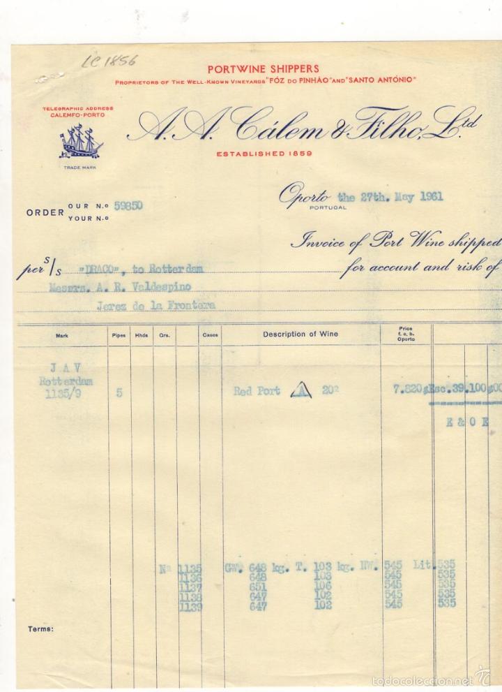 Old Invoices: FACTURA. A. A. CALEM AND FILHO, Ltd, PORTWINE SHIPPERS, OPORTO, PORTUGAL, 1961.