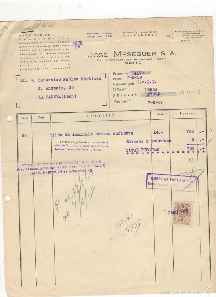 Old Invoices: FACTURA. JOSE MESEGUER, S.A., FABRICA DE REGENERADOS, CALZADOS VARIOS, MADRID, 1949.