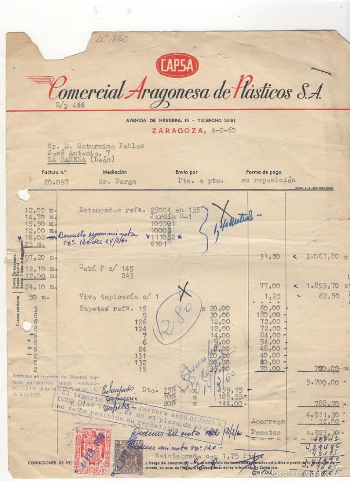 Old Invoices: FACTURA. CAPSA, COMERCIAL ARAGONESA DE PLASTICOS S.A., ZARAGOZA, 1960.