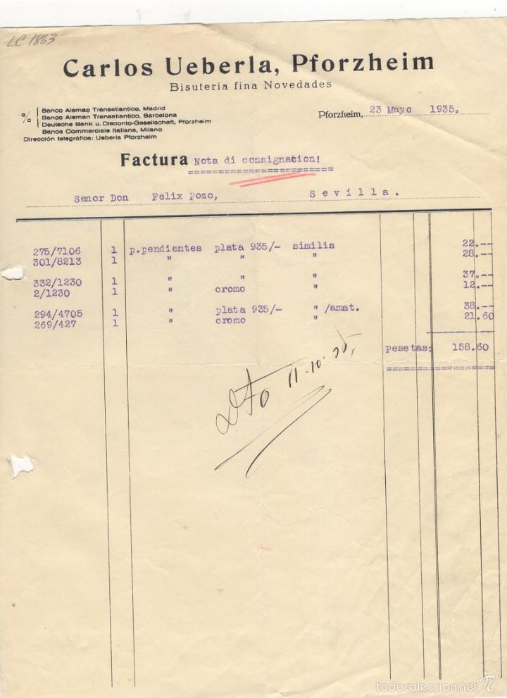 Old Invoices: FACTURA. CARLOS UEBERLA, BISUTERIA FINA, NOVEDADES, PFORZHEIM, 1935.