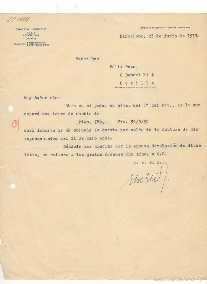 Old Invoices: FACTURA. ERNESTO LIEBRECHT, BARCELONA, 1931.