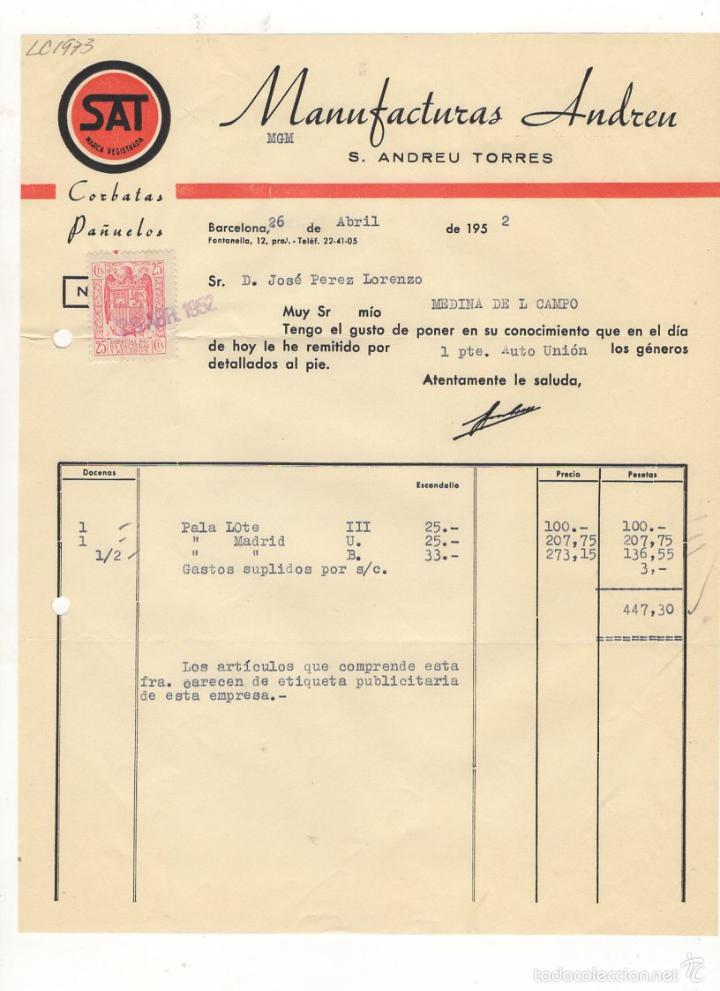 Old Invoices: FACTURA. MANUFACTURAS ANDREU, S. ANDREU TORRES, CORBATAS, PA&Ntilde;UELOS, ETC., BARCELONA,1952