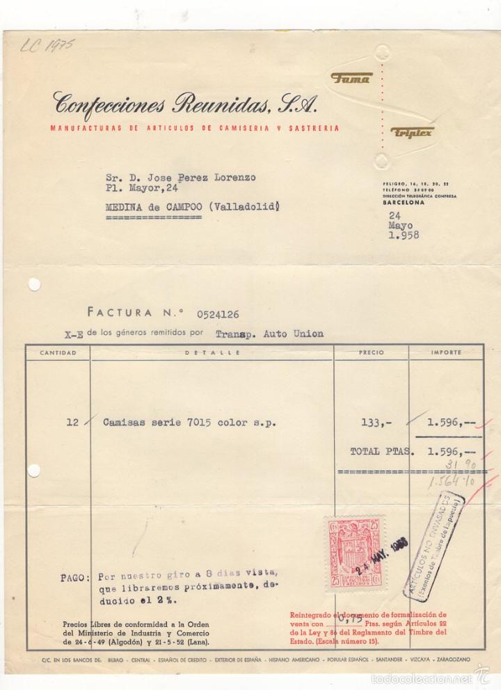 Old Invoices: FACTURA. CONFECCIONES REUNIDAS, S.A., ARTICULOS DE CAMISERIA Y SASTRERIA, VALLADOLID, 1958.