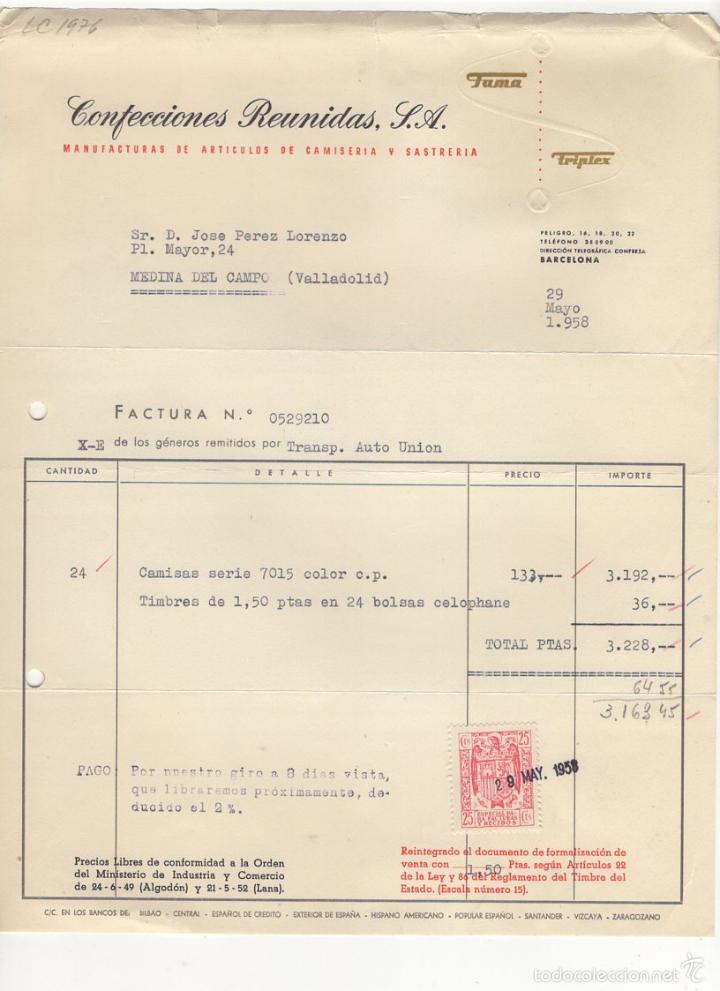 Old Invoices: FACTURA. CONFECCIONES REUNIDAS, S.A., ARTICULOS DE CAMISERIA Y SASTRERIA, VALLADOLID, 1958.