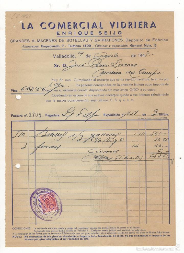 Old Invoices: FACTURA. ENRIQUE SEIJO, LA COMERCIAL VIDRIERA, VALLADOLID, 1948.