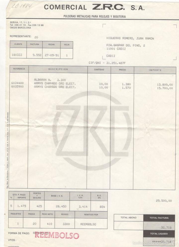 Old Invoices: FACTURA. COMERCIAL Z.R.C., S.A., PULSERAS METALICAS PARA RELOJES Y BISUTERIA, CADIZ, 1991.