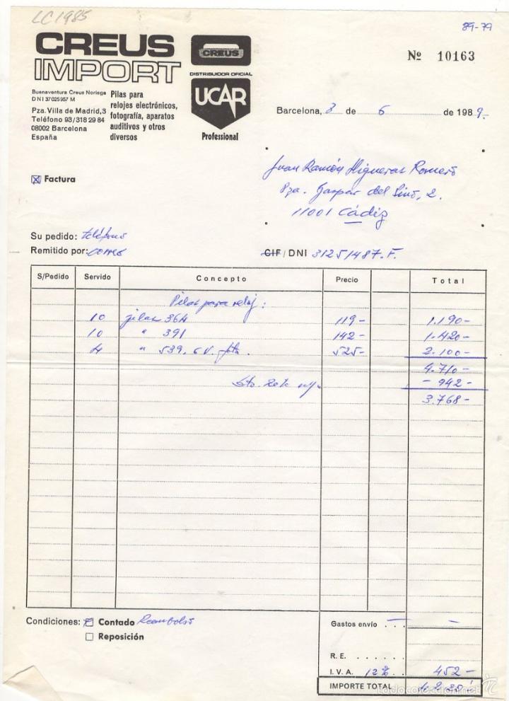 Old Invoices: FACTURA. CREUS IMPORT, PILAS DE RELOJES, ETC, BARCELONA, 1989.