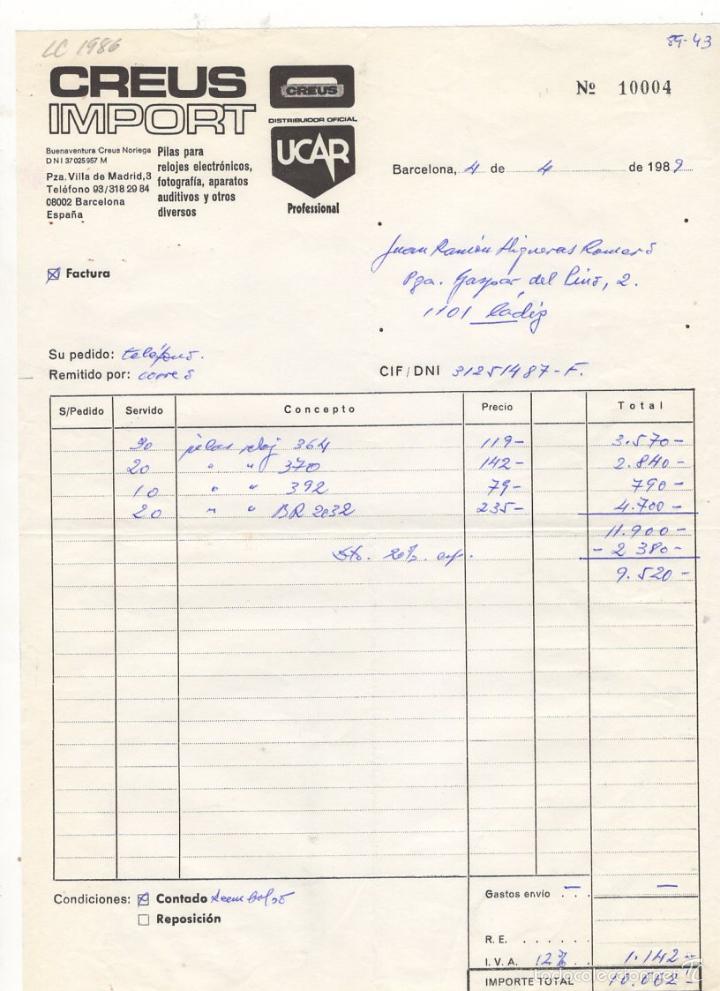 Old Invoices: FACTURA. CREUS IMPORT, PILAS DE RELOJES, ETC, BARCELONA, 1989.