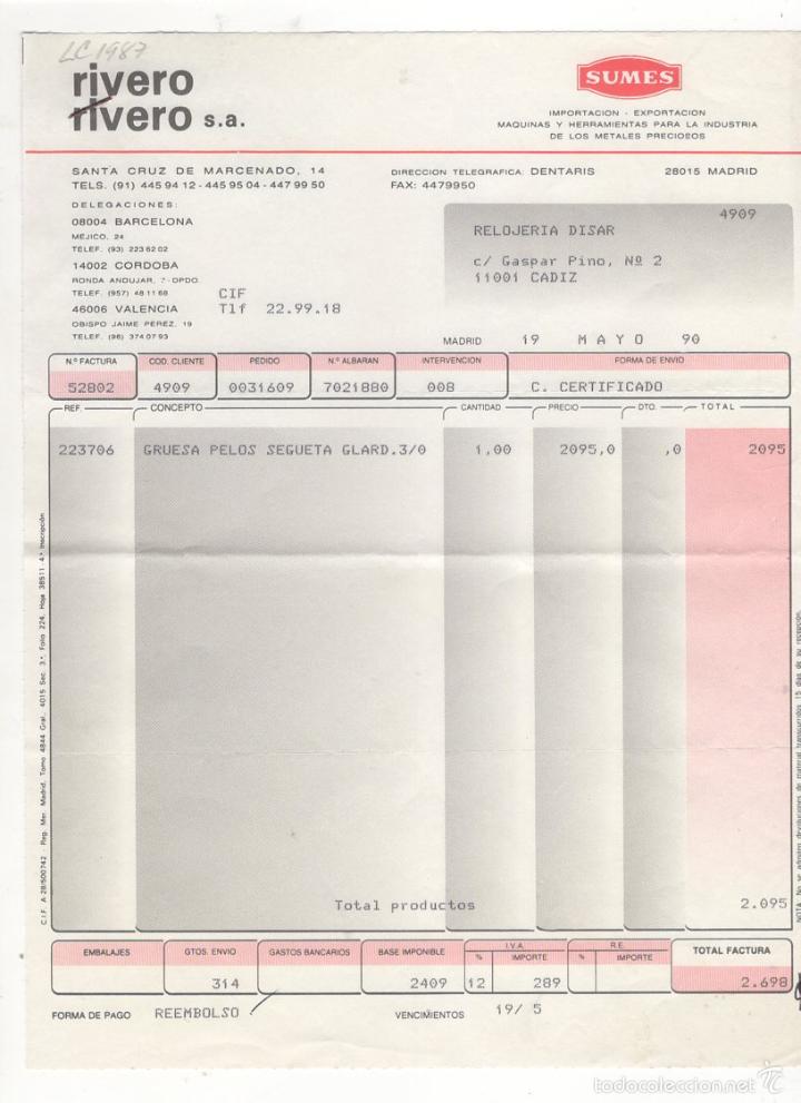 Old Invoices: FACTURA. RIVERO - RIVERO, S.A., IMPORT. - EXPORT. PARA INDUSTRIA DE METALES, MADRID, 1990.