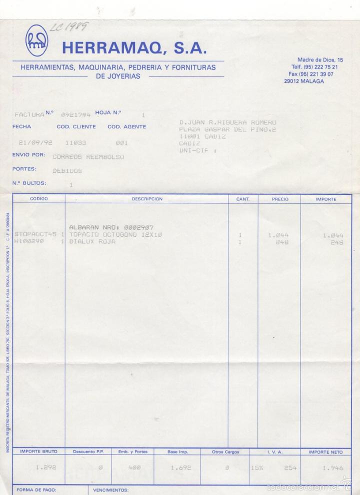 Old Invoices: FACTURA. HERRAMAQ, S.A., HERRAMIENTAS, PEDRERIA DE JOYERIAS, CADIZ, 1992.